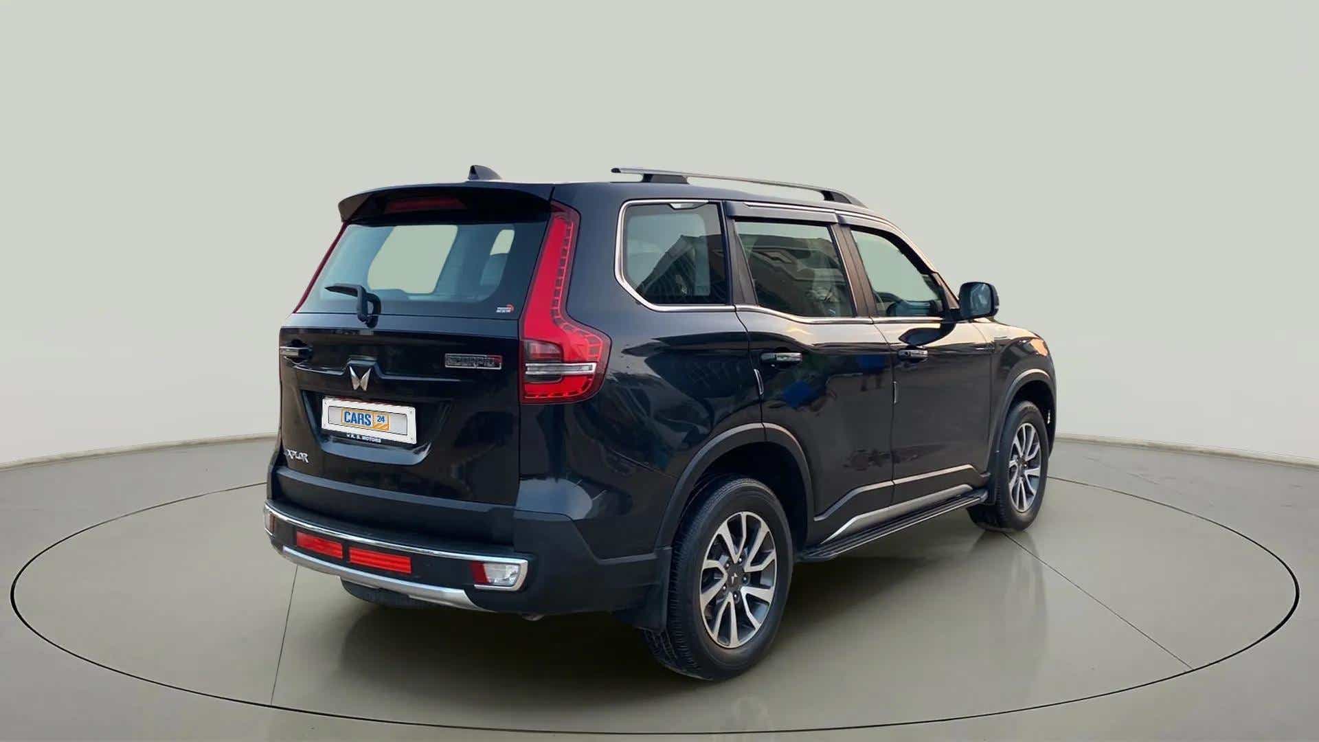 Rear three-quarter of a Deep Forest Mahindra Scorpio-N