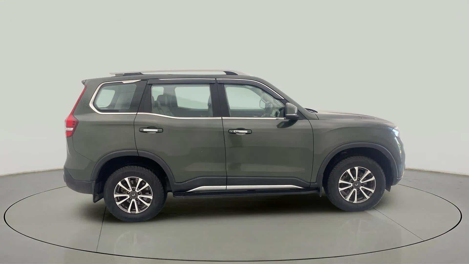 Side view of a deep forest Mahindra Scorpio-N