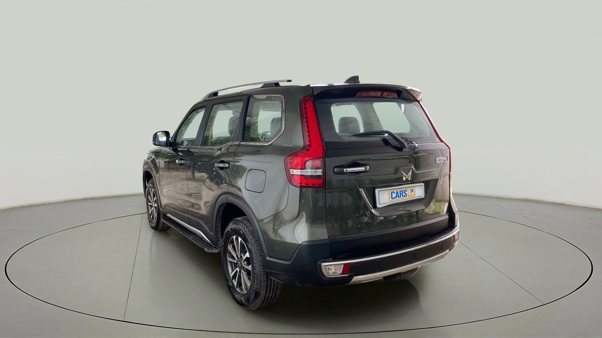 Rear three-quarter of a Deep Forest Mahindra Scorpio-N