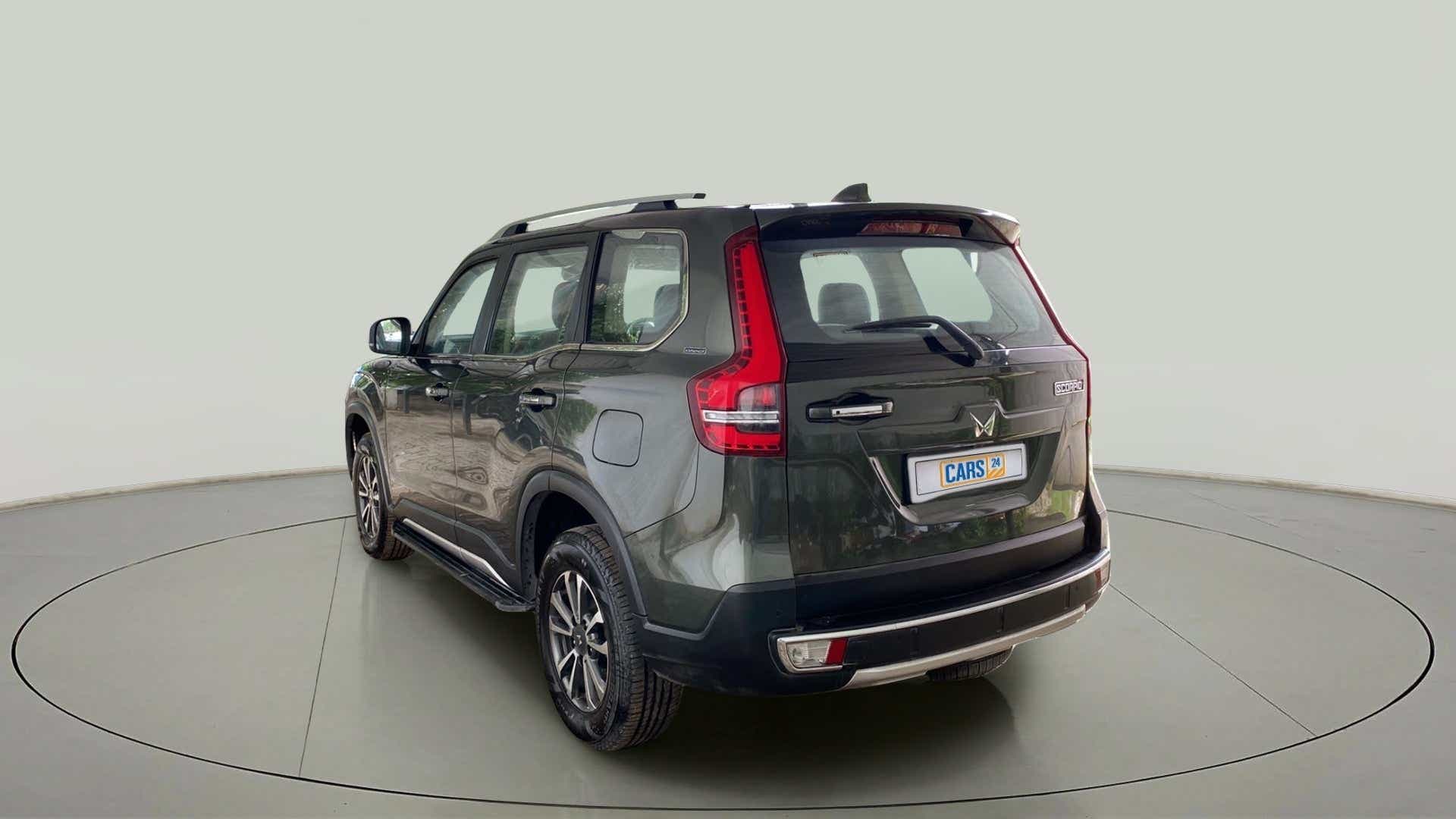 Rear three-quarter of a Deep Forest Mahindra Scorpio-N