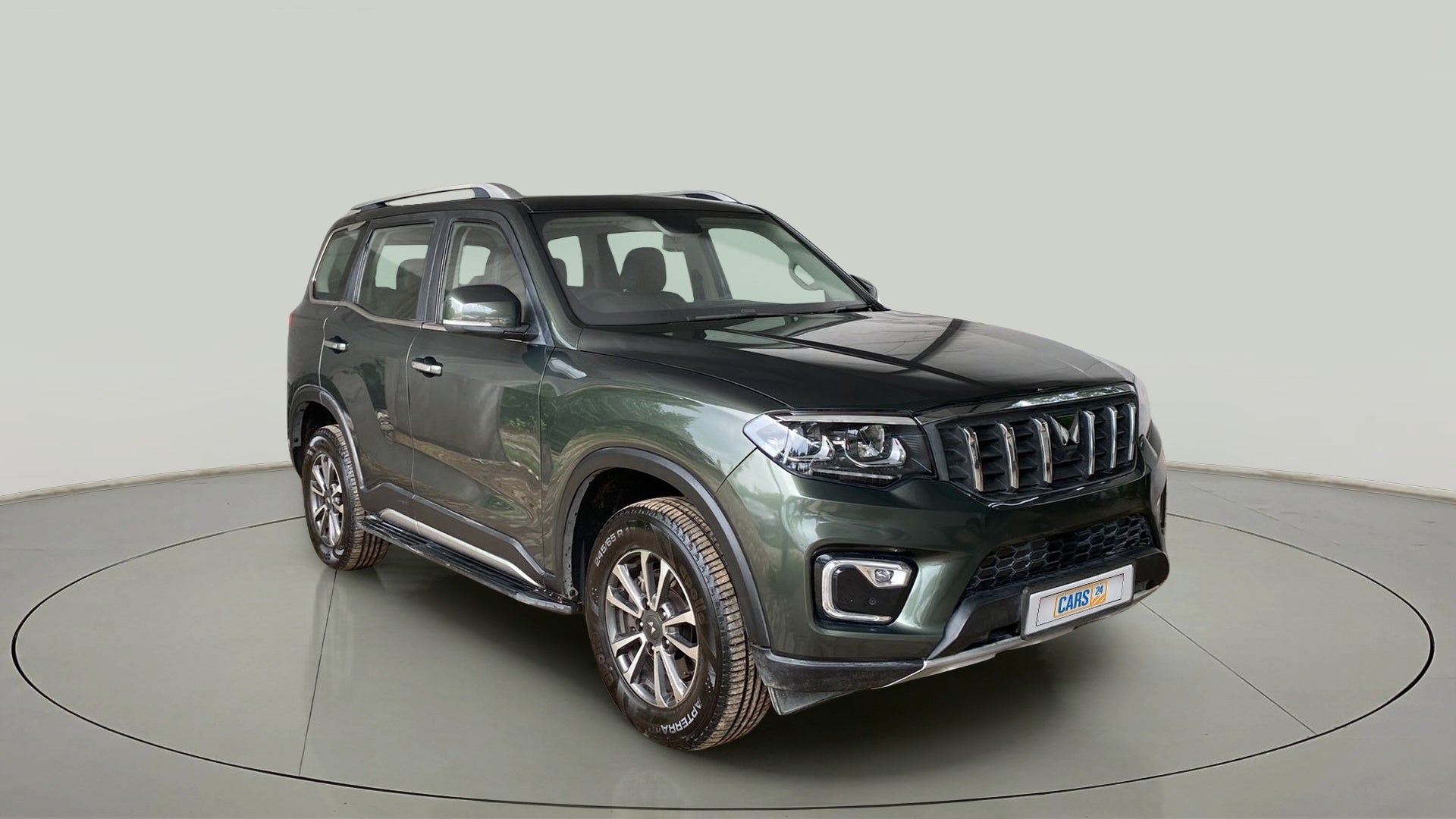 Front three quarter view of a Deep Forest Mahindra Scorpio-N