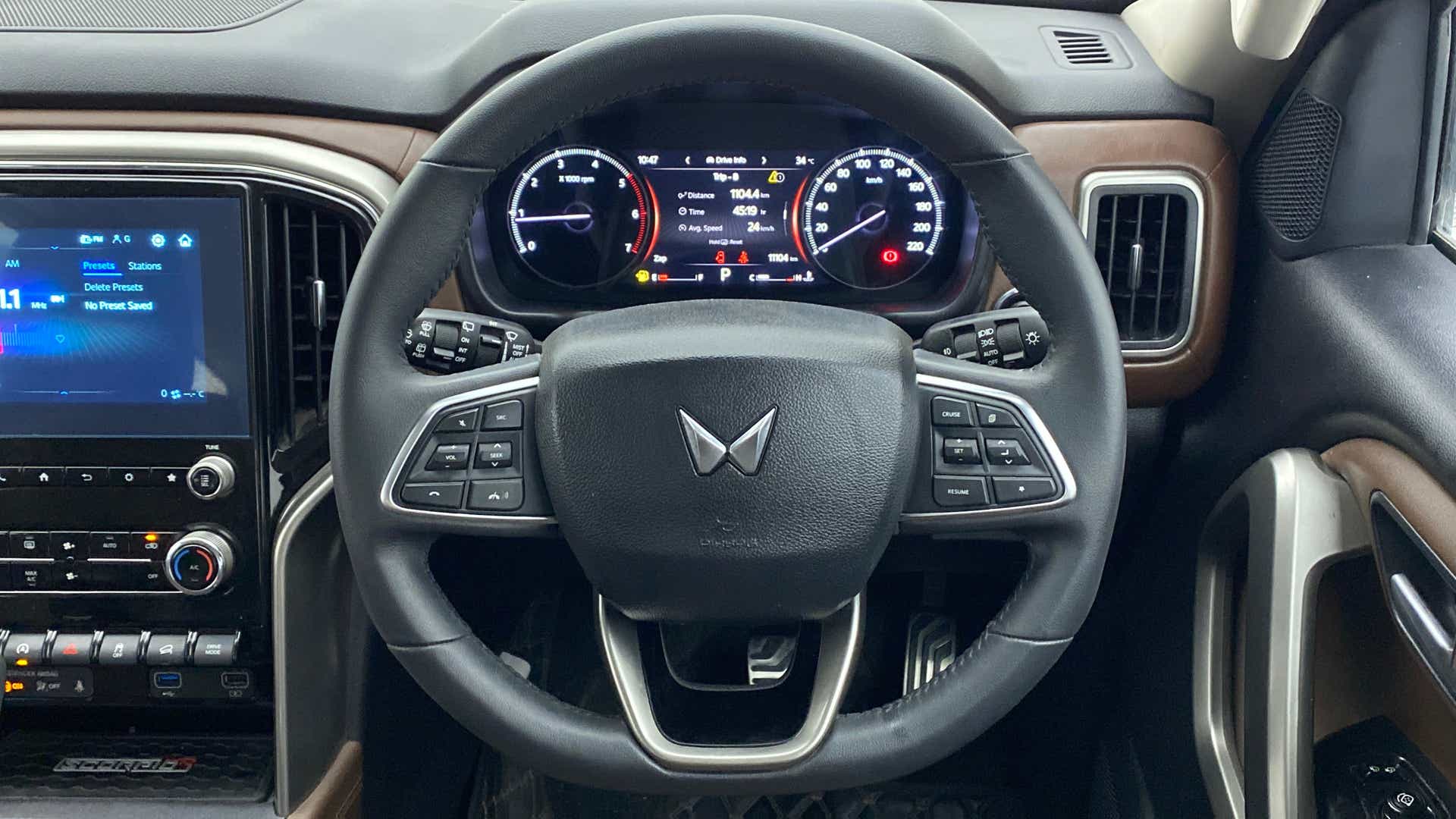 Steering wheel and dashboard of a Mahindra Scorpio-N