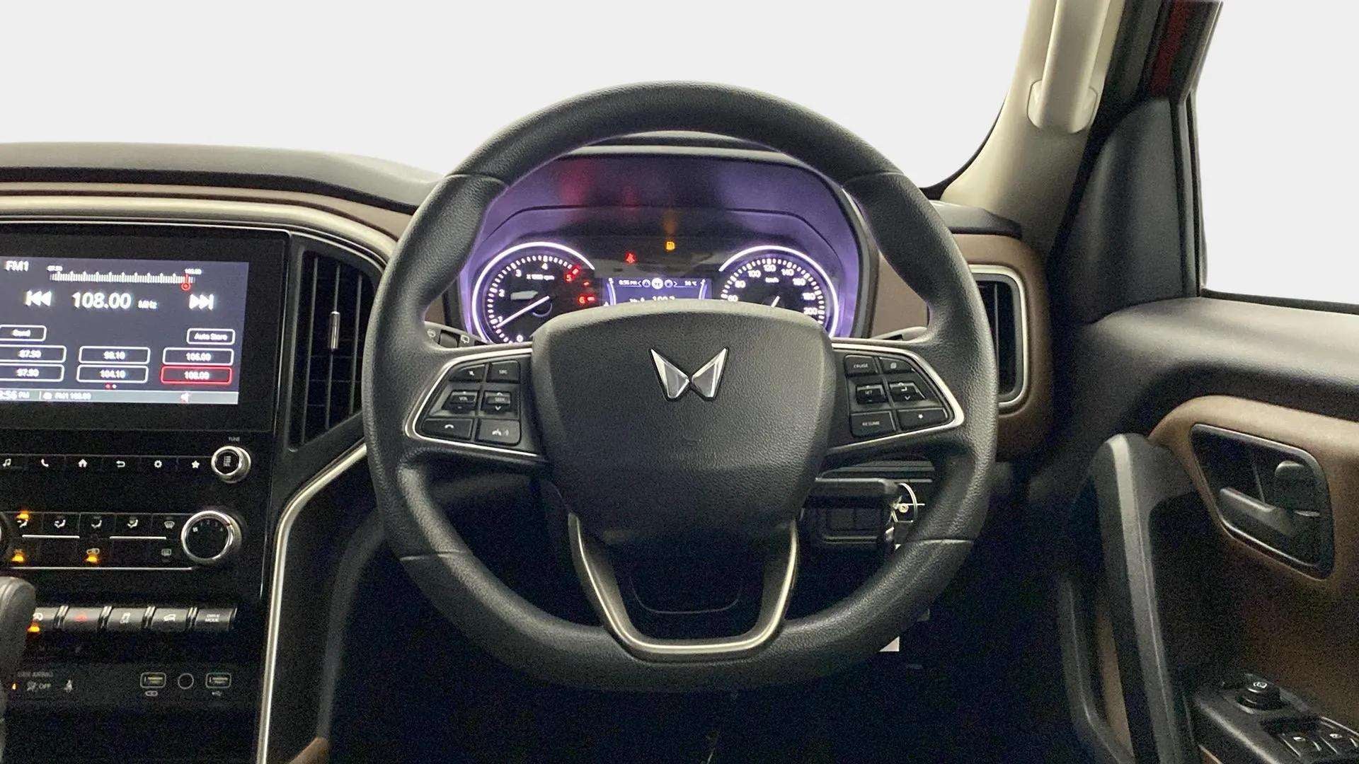 Interior dashboard and steering wheel of a Mahindra Scorpio-N