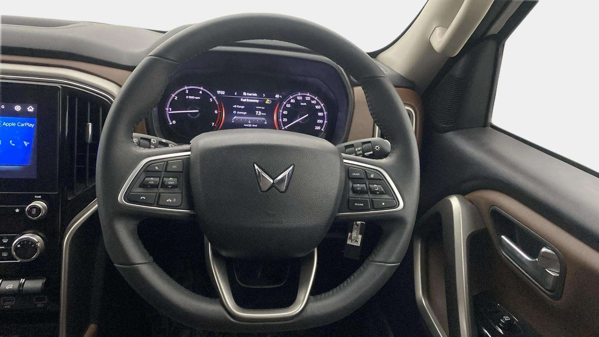 Steering wheel and dashboard of a Mahindra Scorpio-N