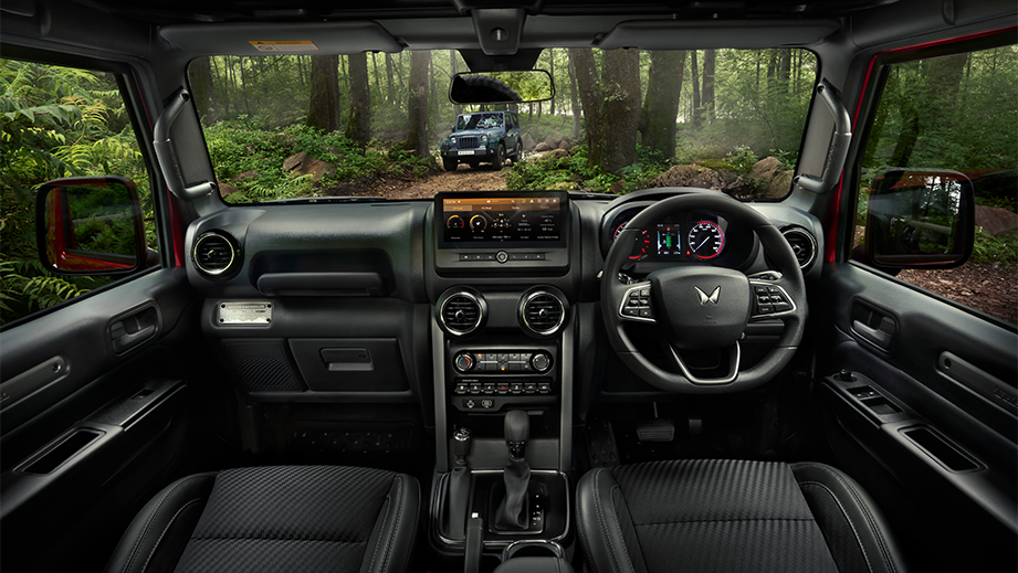 Interior dashboard view of a Mahindra Thar