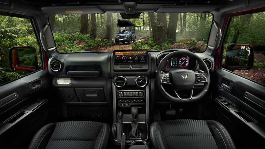 Interior dashboard view of a Mahindra Thar