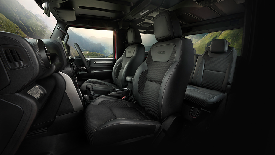 Front seats and interior view of a Mahindra Thar