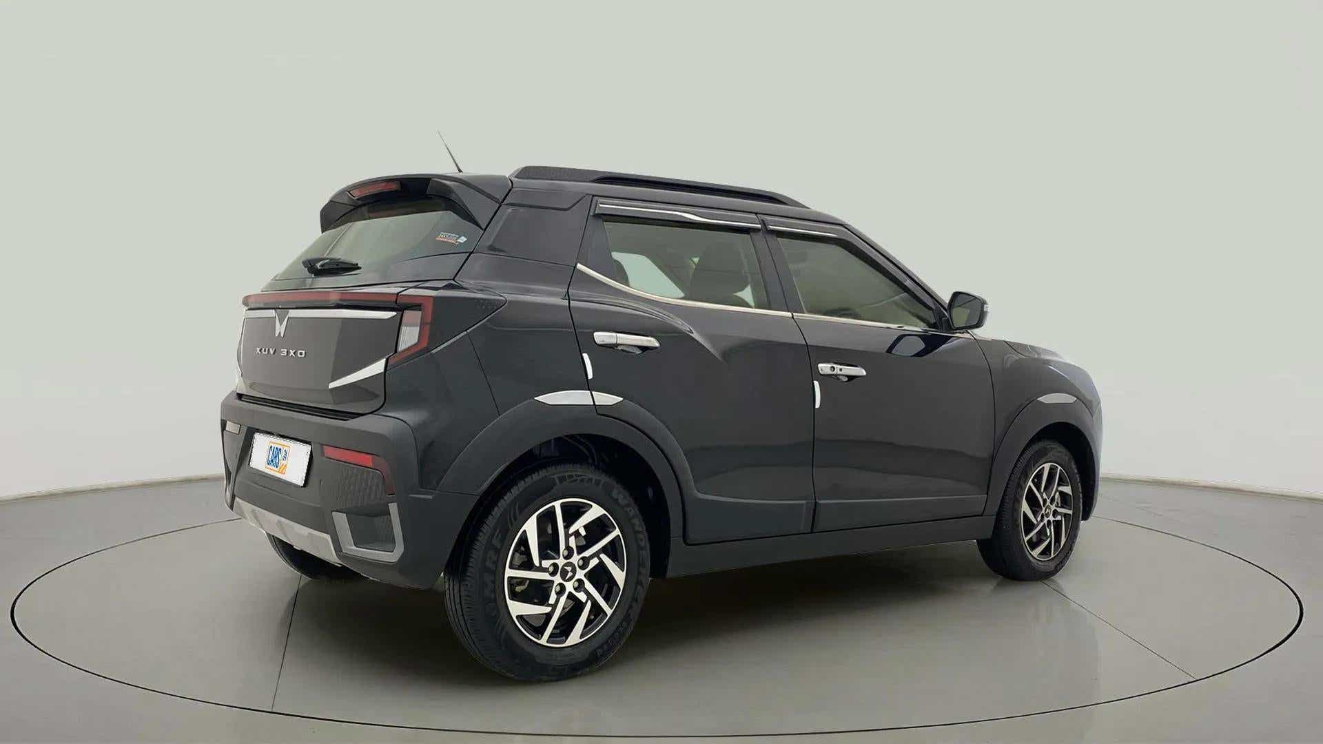 Rear three-quarter view of a Mahindra XUV 3XO