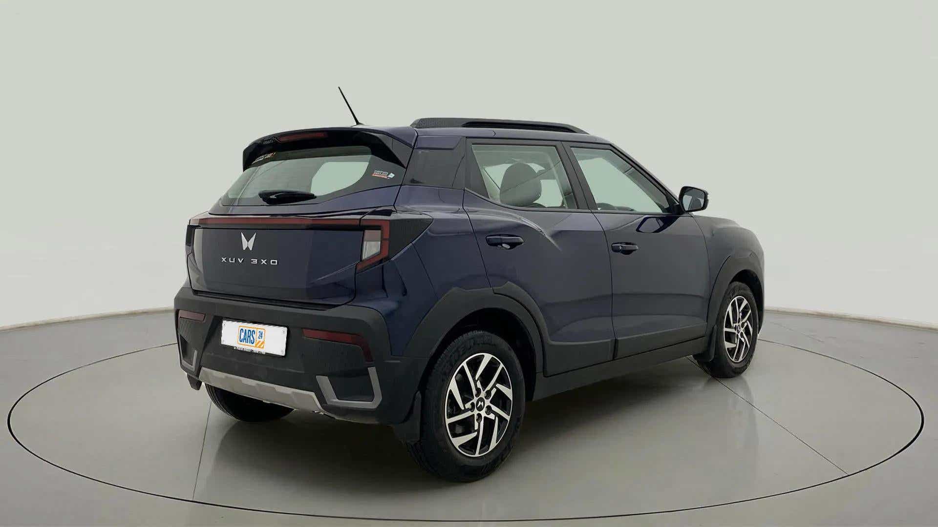Rear three-quarter view of a Mahindra XUV 3XO