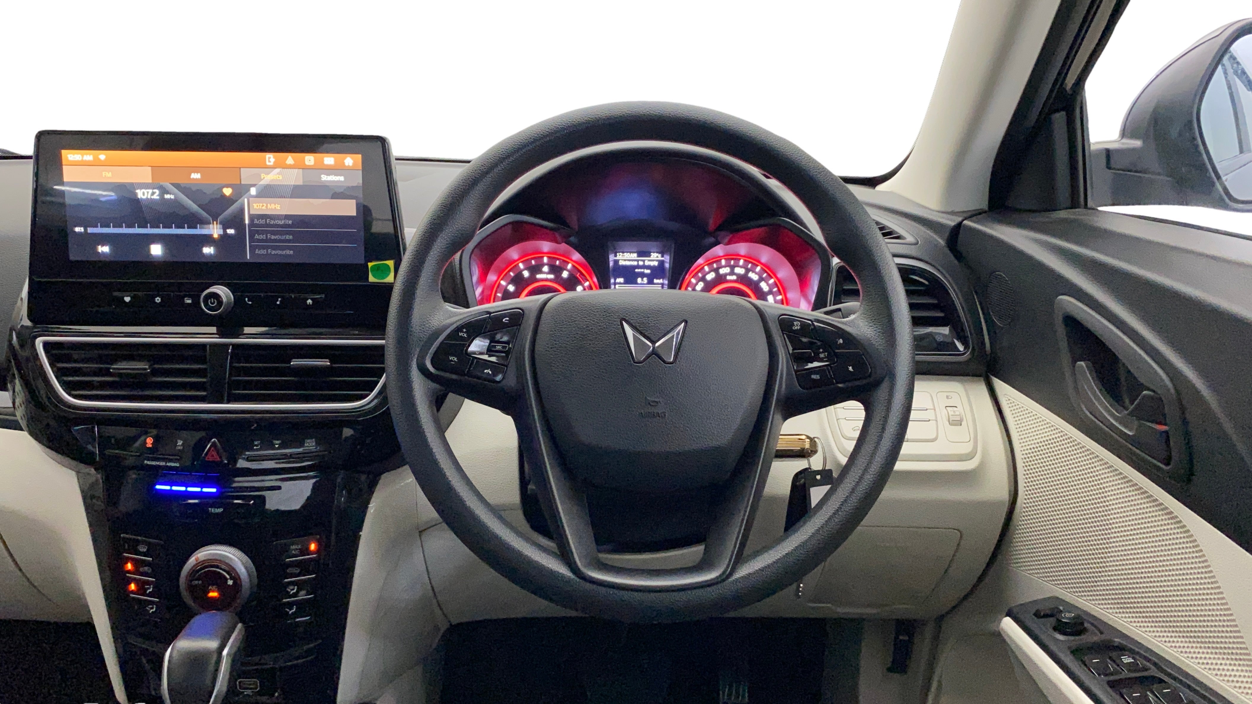 Interior dashboard and steering wheel of a Mahindra XUV 3XO