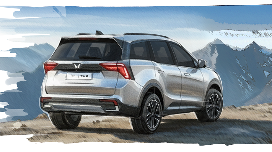 Rear three-quarter of Mahindra XUV 7XO