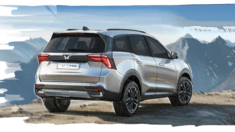 Rear three-quarter of Mahindra XUV 7XO