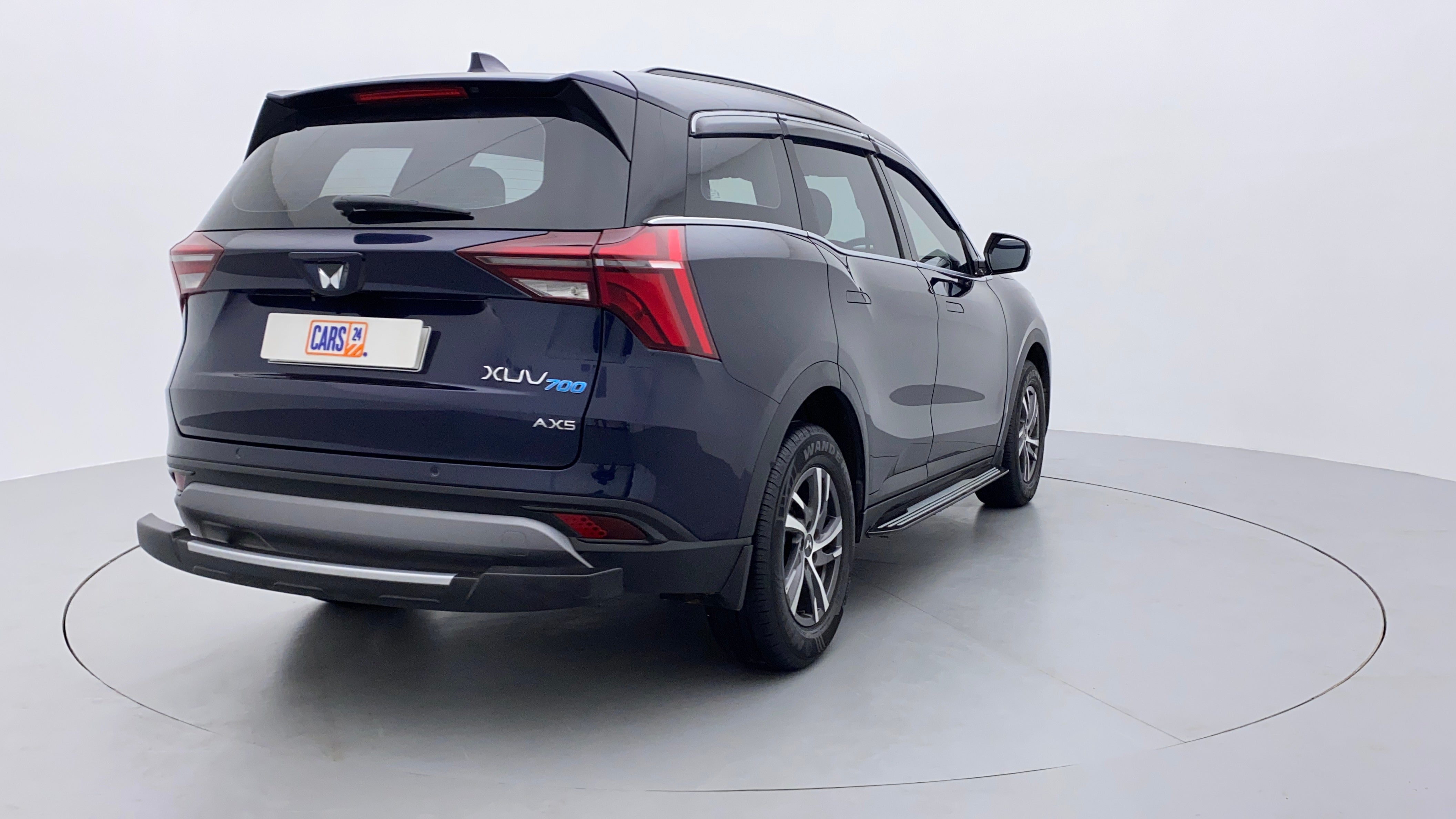 Rear three-quarter view of a Mahindra XUV700 AX5