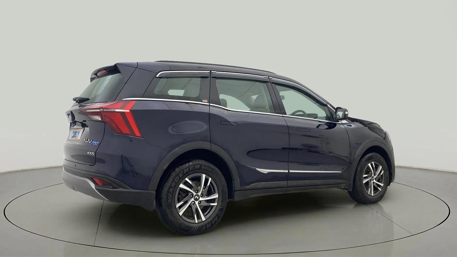 Rear three-quarter view of a Mahindra XUV700 AX5