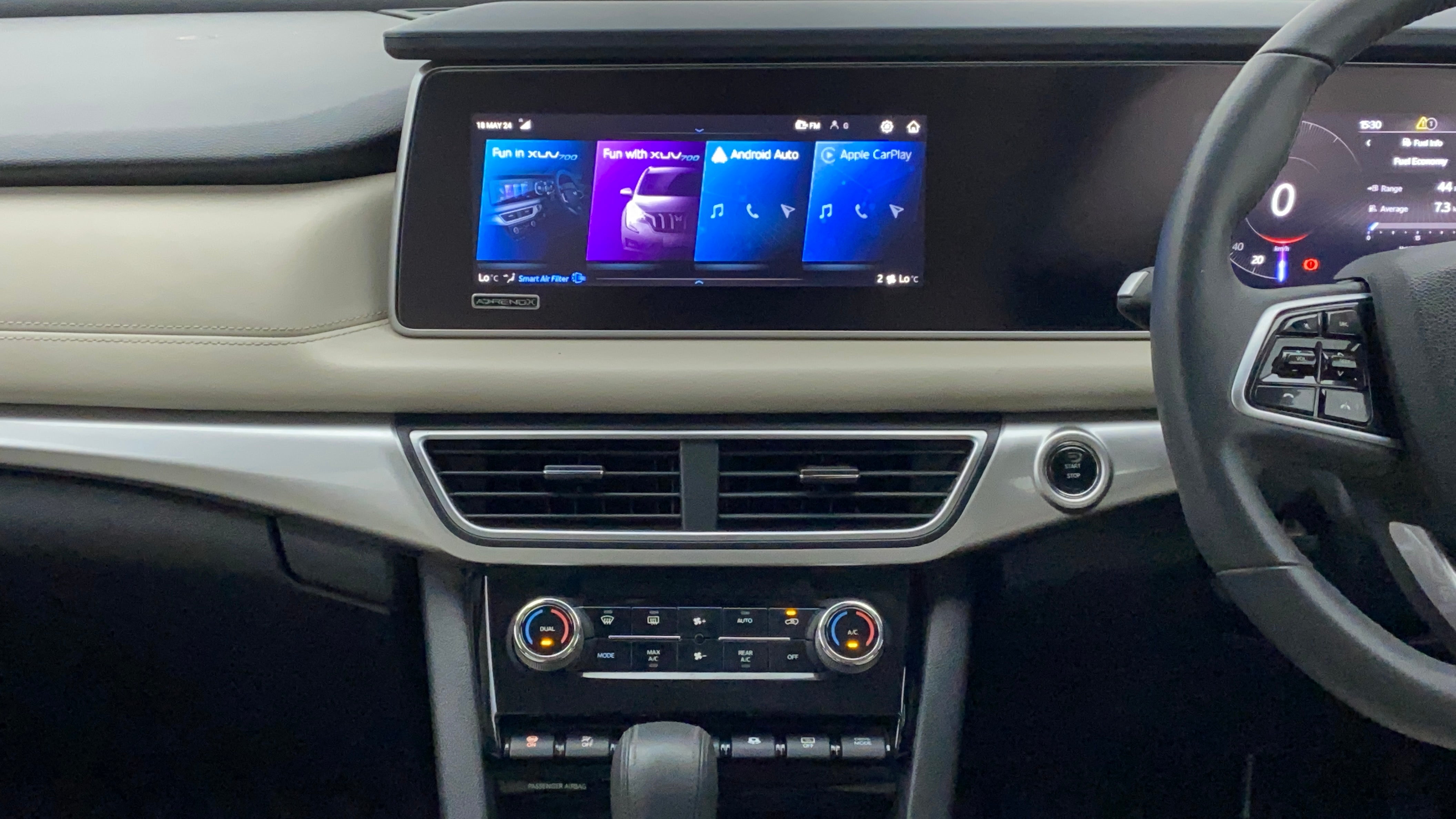 Dashboard and infotainment system of a Mahindra XUV700