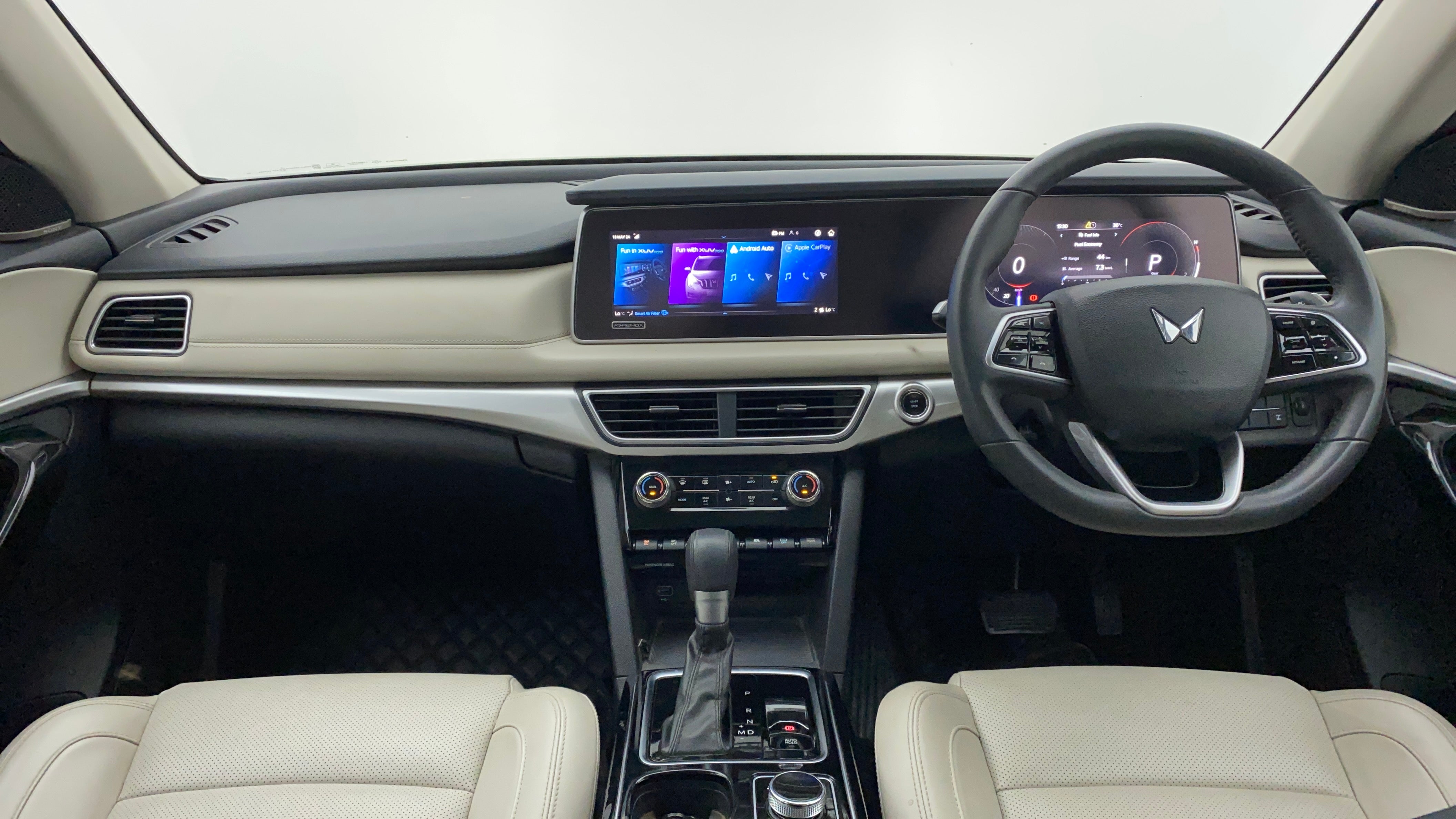 Dashboard and steering wheel view of a Mahindra XUV700