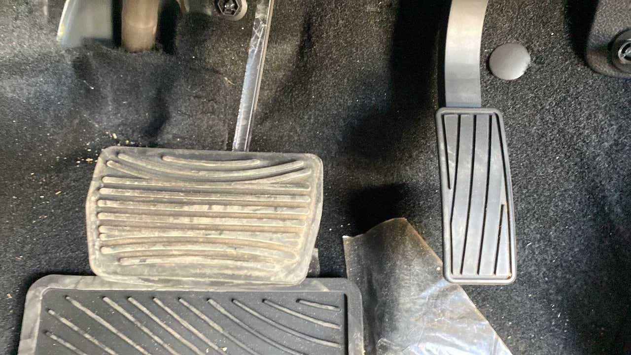 Close-up of foot pedals of a Mahindra XUV700