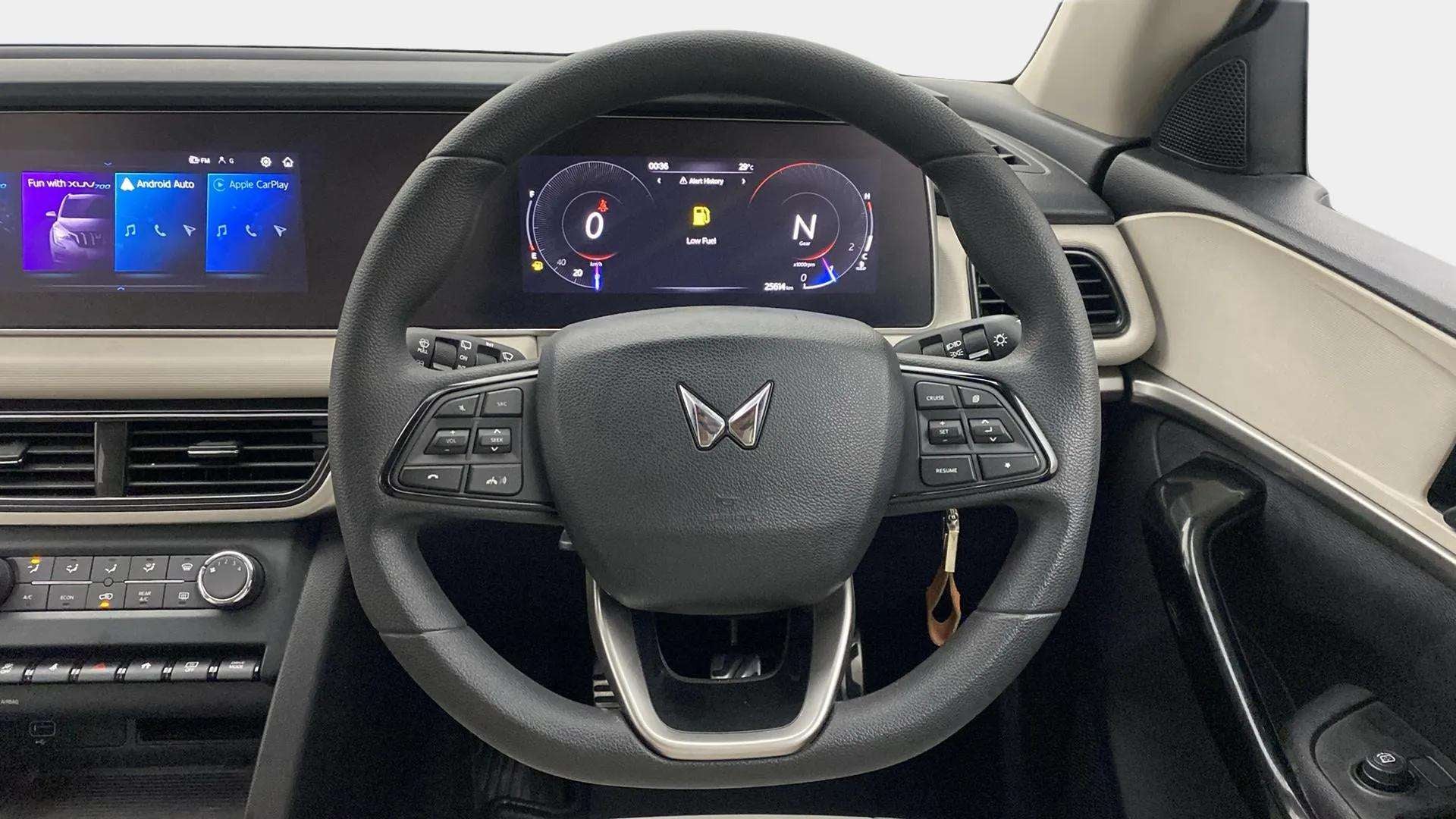 Steering wheel and dashboard of a Mahindra XUV700