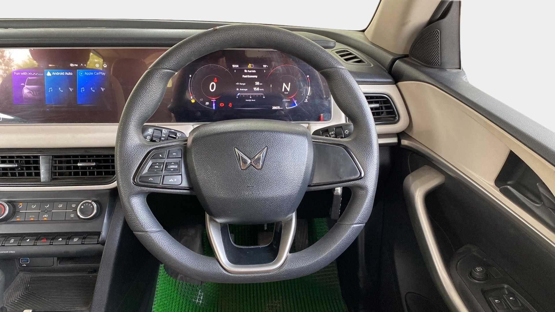 Interior dashboard and steering wheel of a Mahindra XUV700