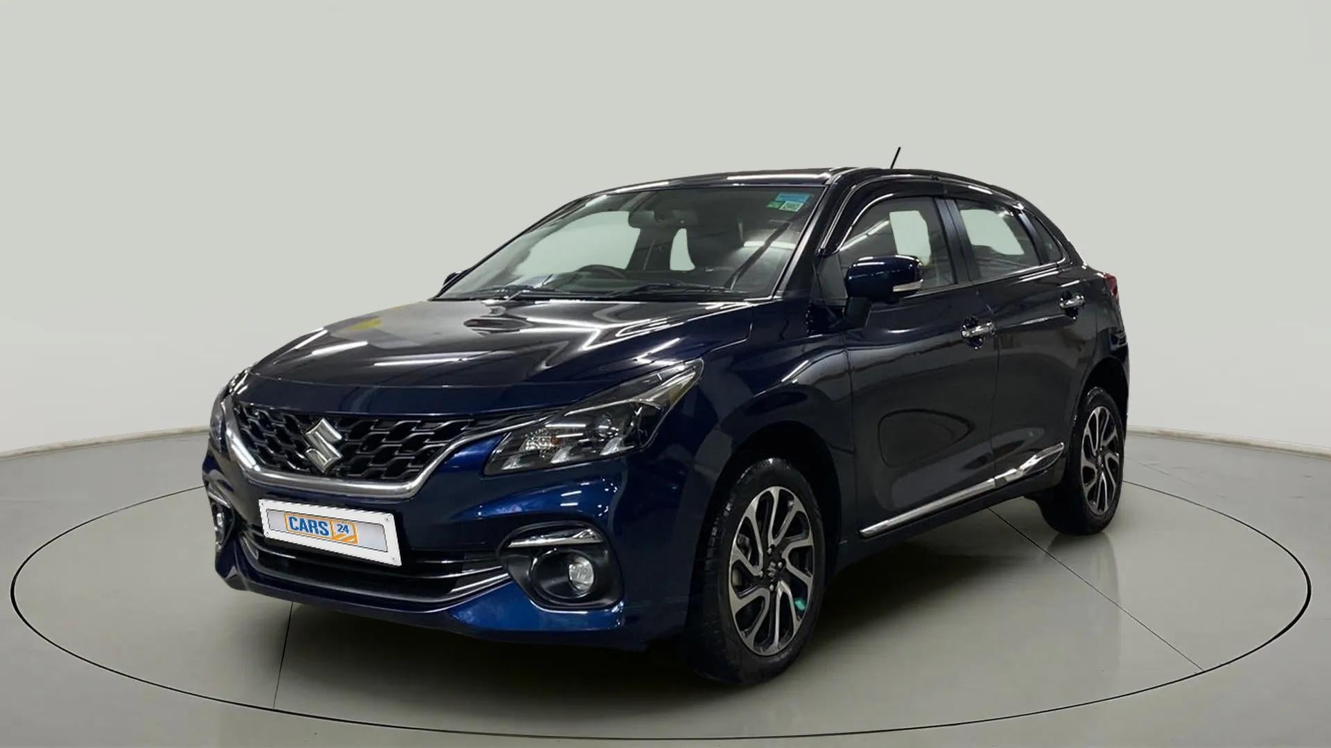 Front three-quarter view of a Nexa Blue Maruti Suzuki Baleno