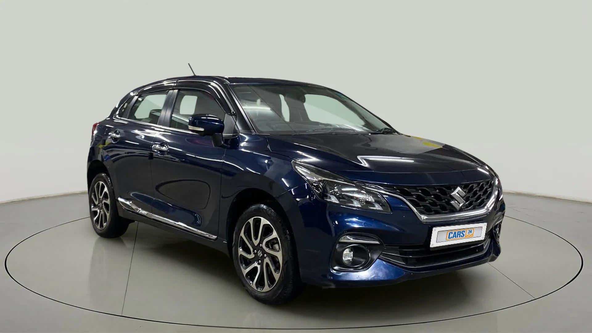 Front three-quarter view of a Nexa Blue Maruti Suzuki Baleno
