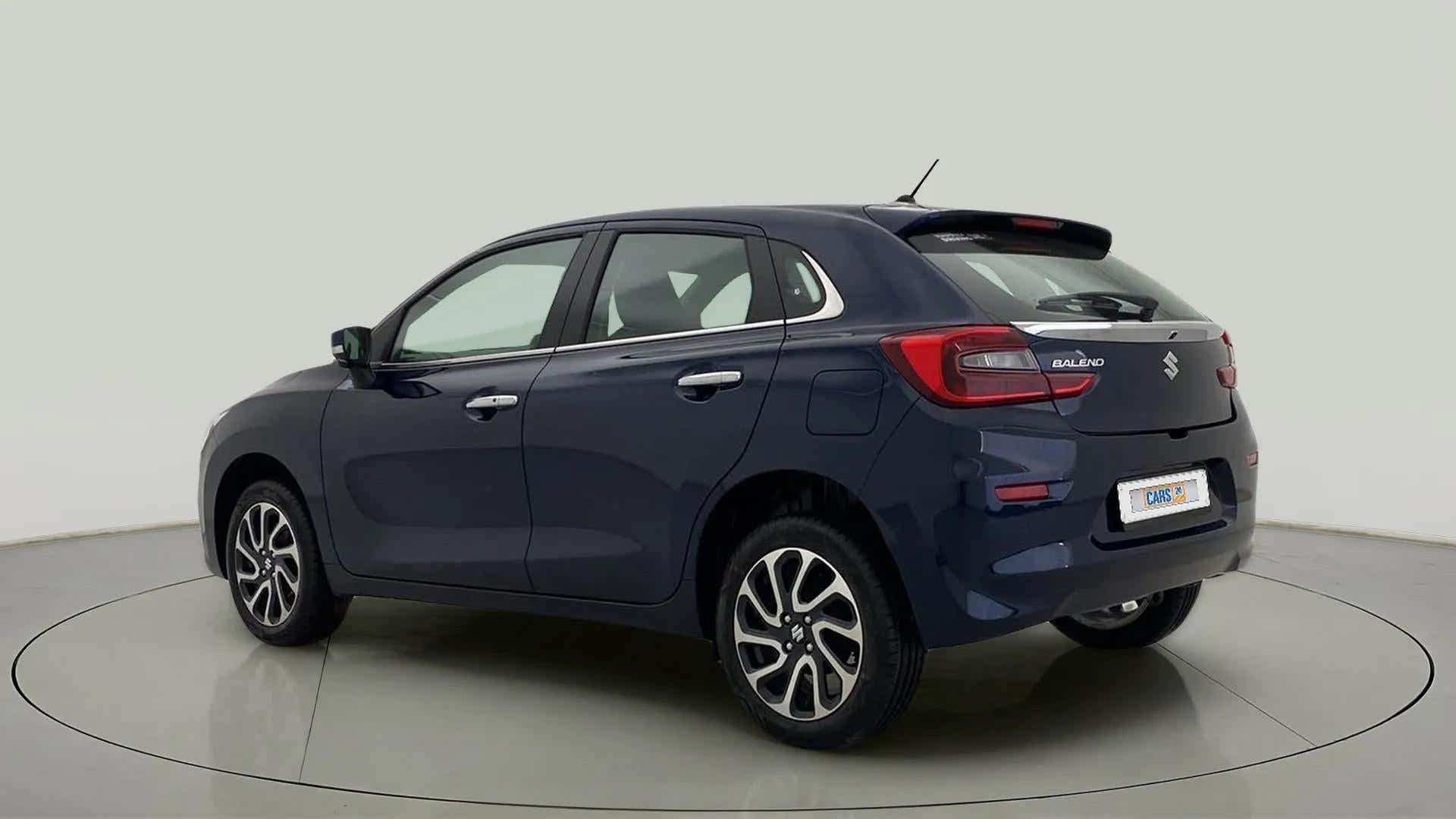 Rear three-quarter view of a Nexa Blue Maruti Suzuki Baleno