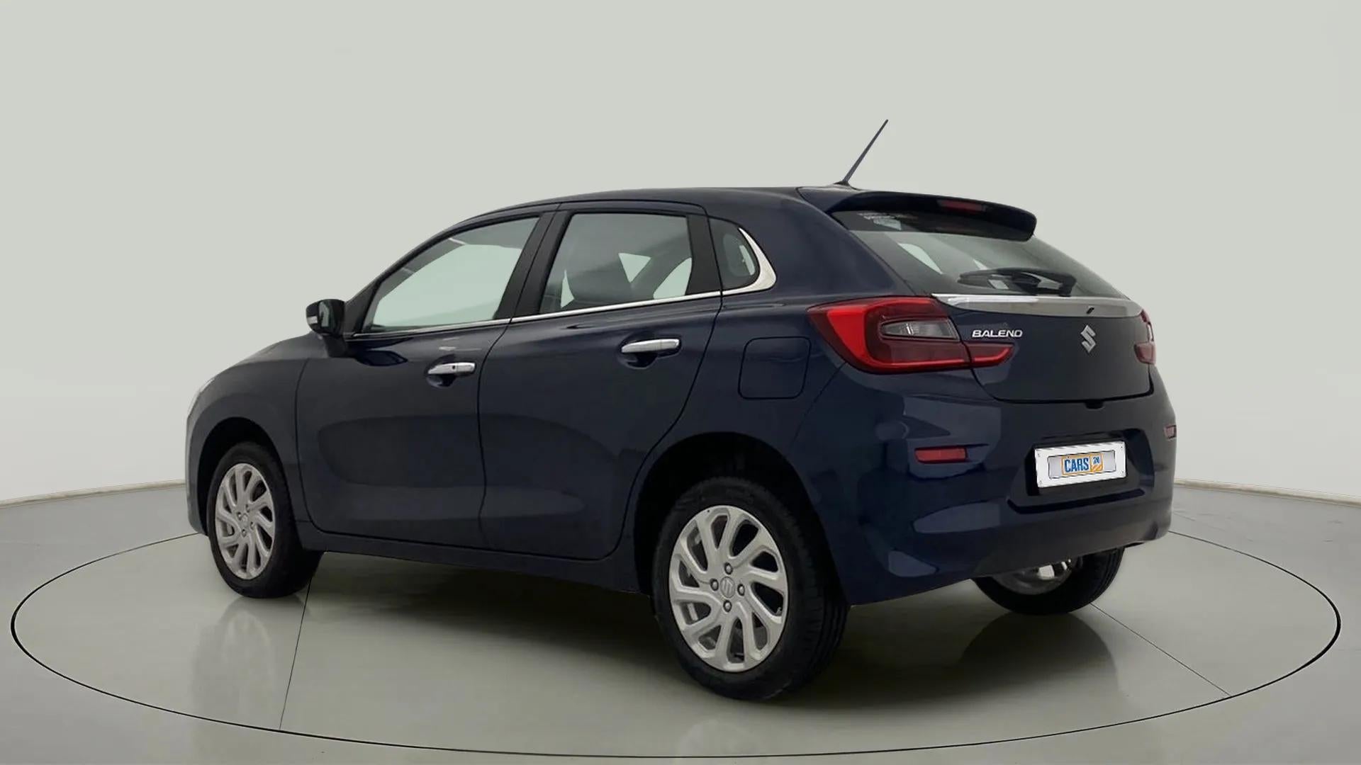 Rear three-quarter view of a Nexa Blue Maruti Suzuki Baleno