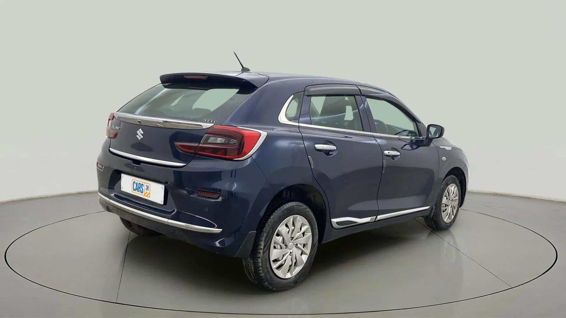 Rear three-quarter view of a Maruti Suzuki Baleno