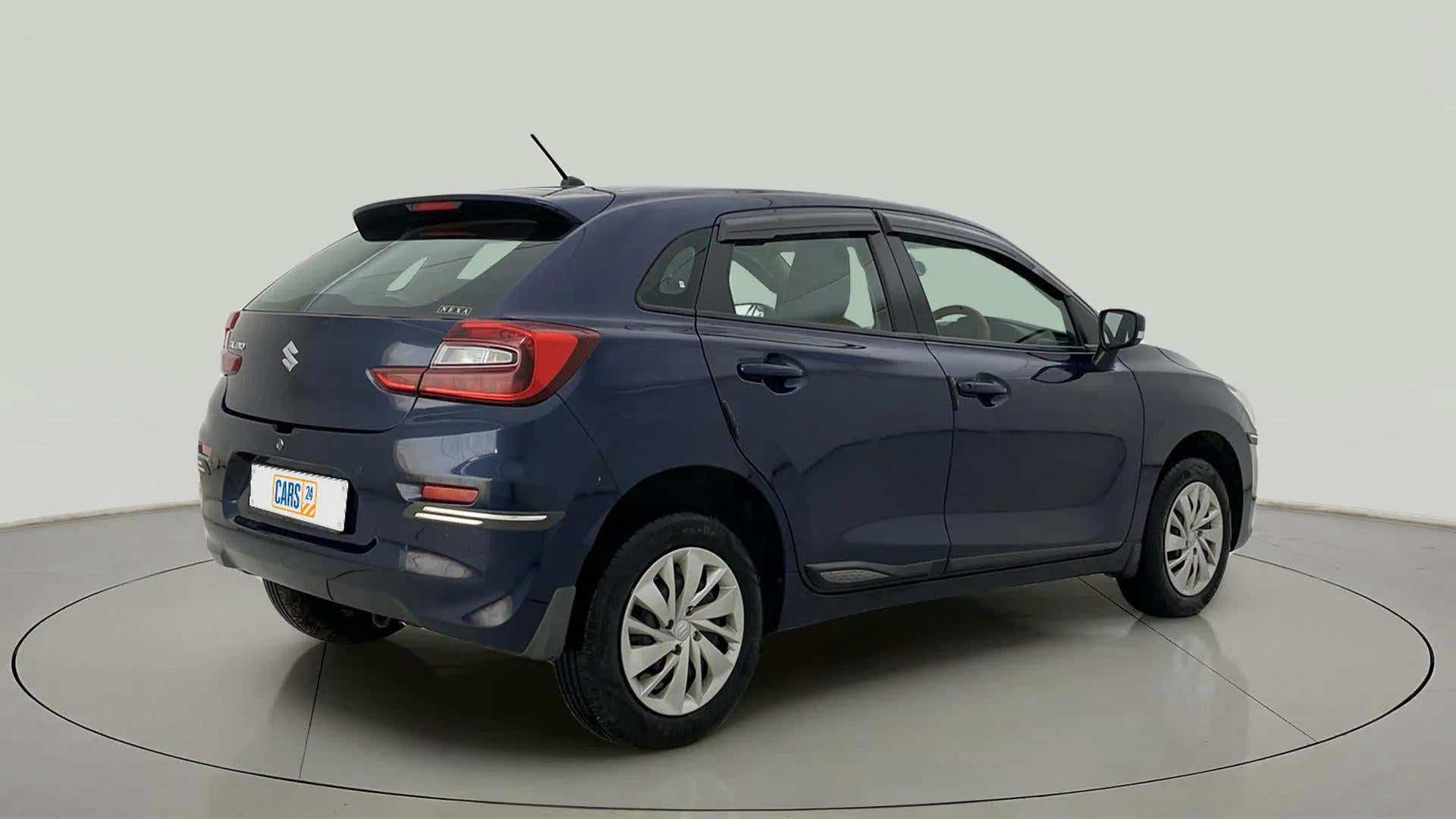 Rear three-quarter view of a Maruti Suzuki Baleno