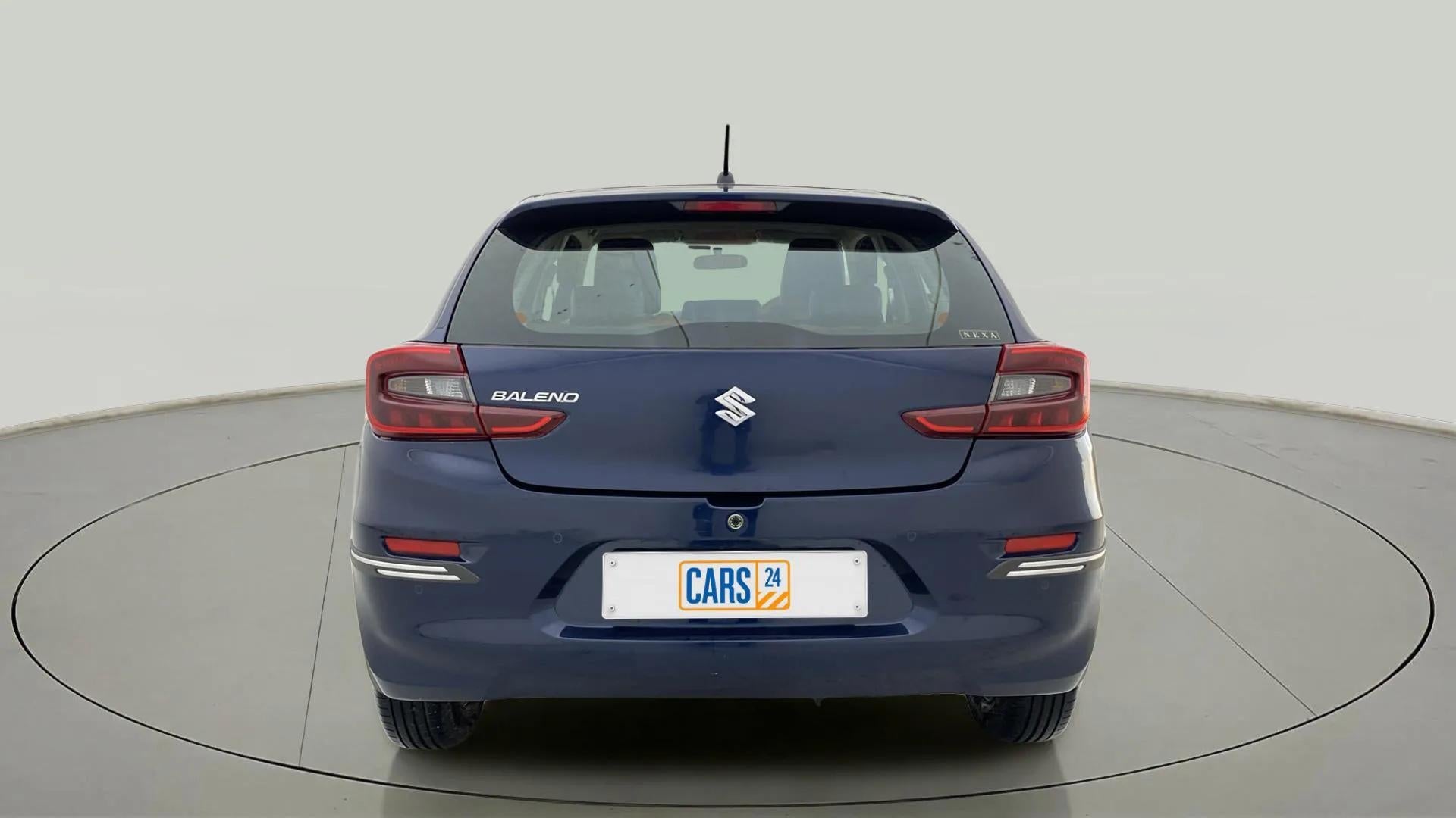 Rear view of a Nexa Blue Maruti Suzuki Baleno