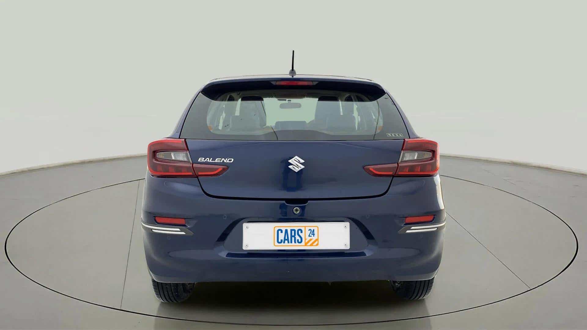 Rear view of a Nexa Blue Maruti Suzuki Baleno