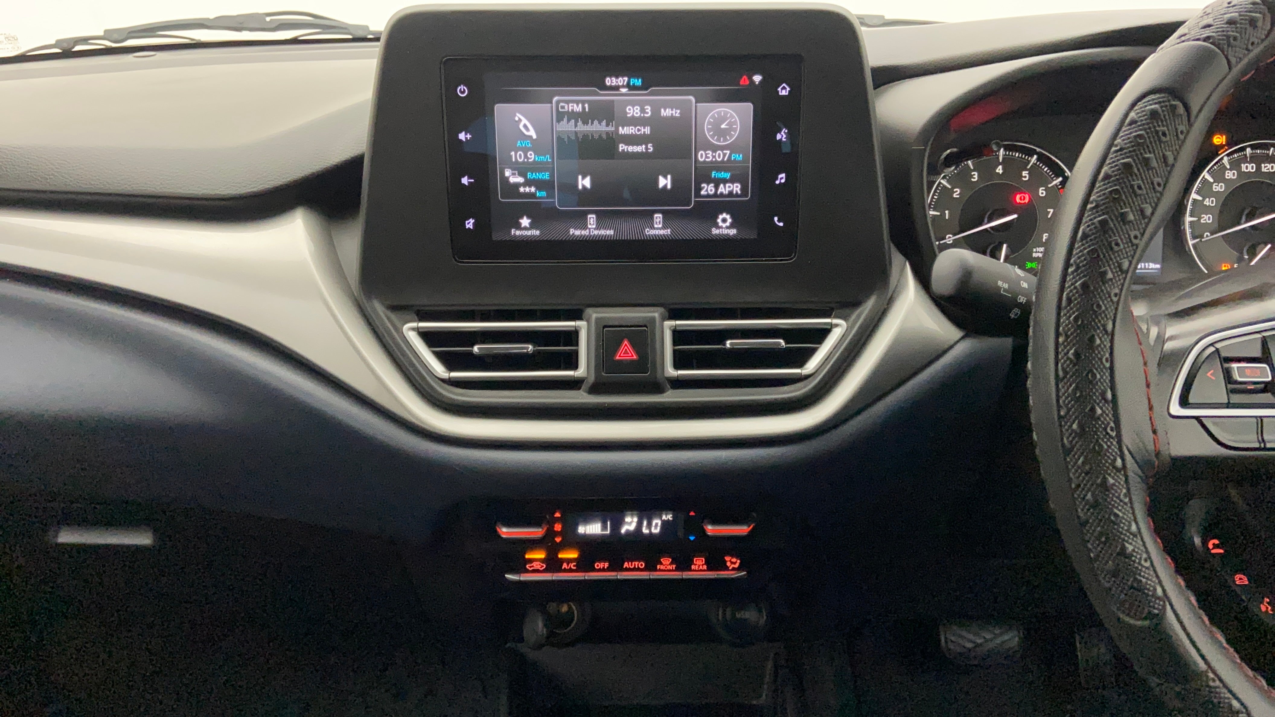 Dashboard and central infotainment view of a Maruti Suzuki Baleno