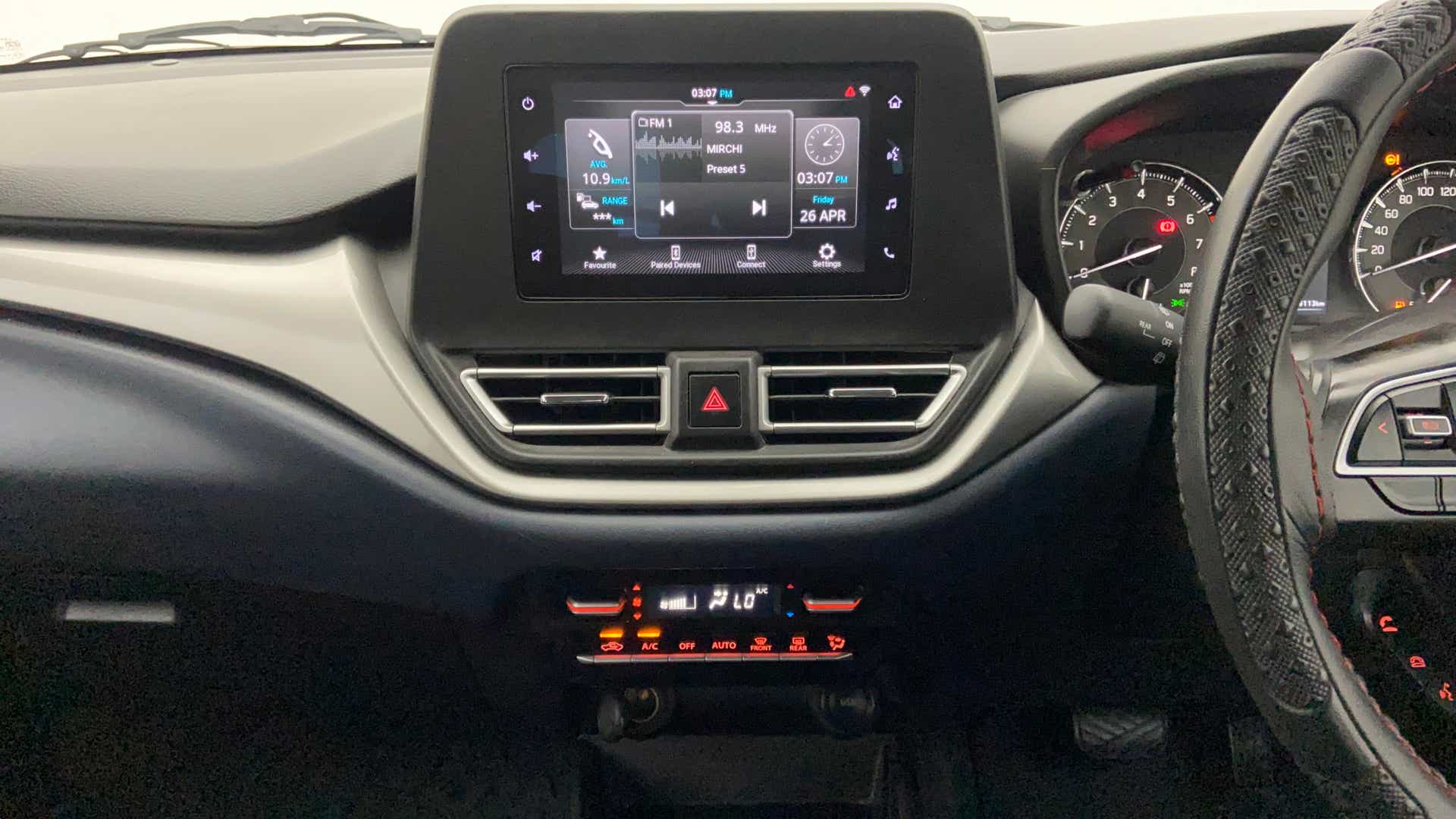 Dashboard and central infotainment view of a Maruti Suzuki Baleno