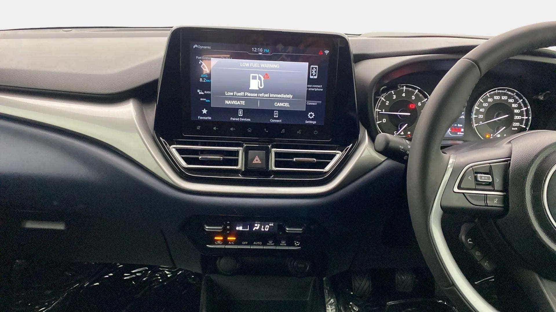 Interior dashboard view of a Maruti Suzuki Baleno