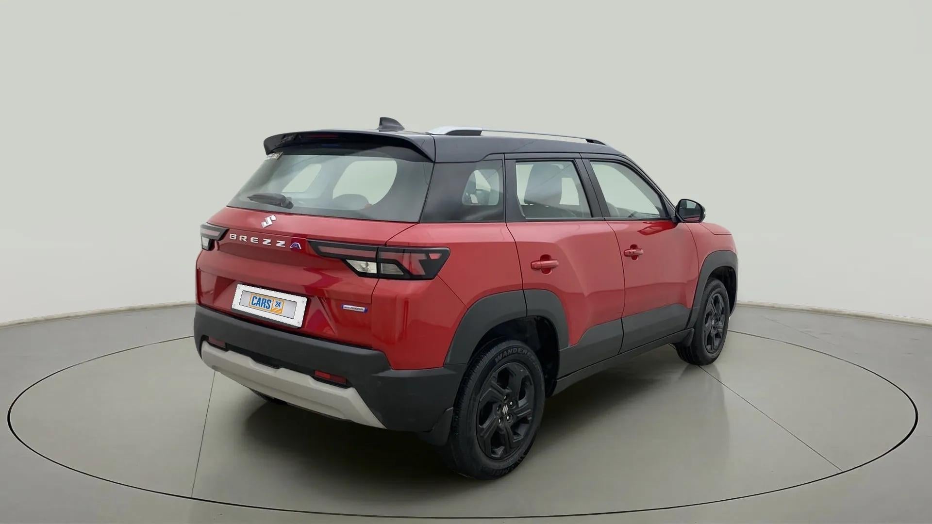 Rear three-quarter of a Maruti Suzuki Brezza