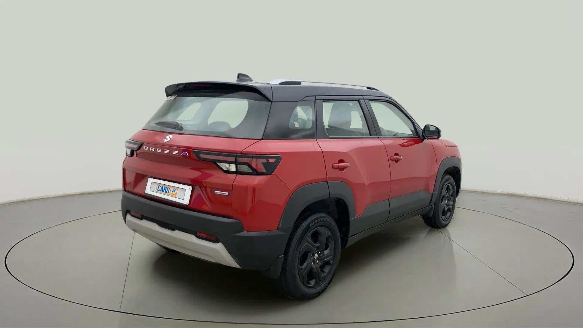 Rear three-quarter of a Maruti Suzuki Brezza