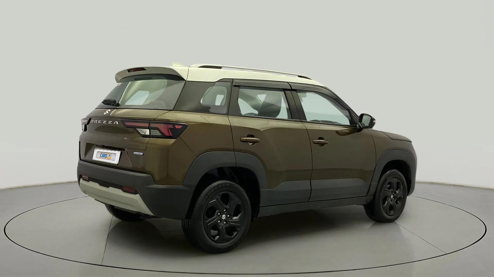 Rear three-quarter view of a Maruti Suzuki Brezza