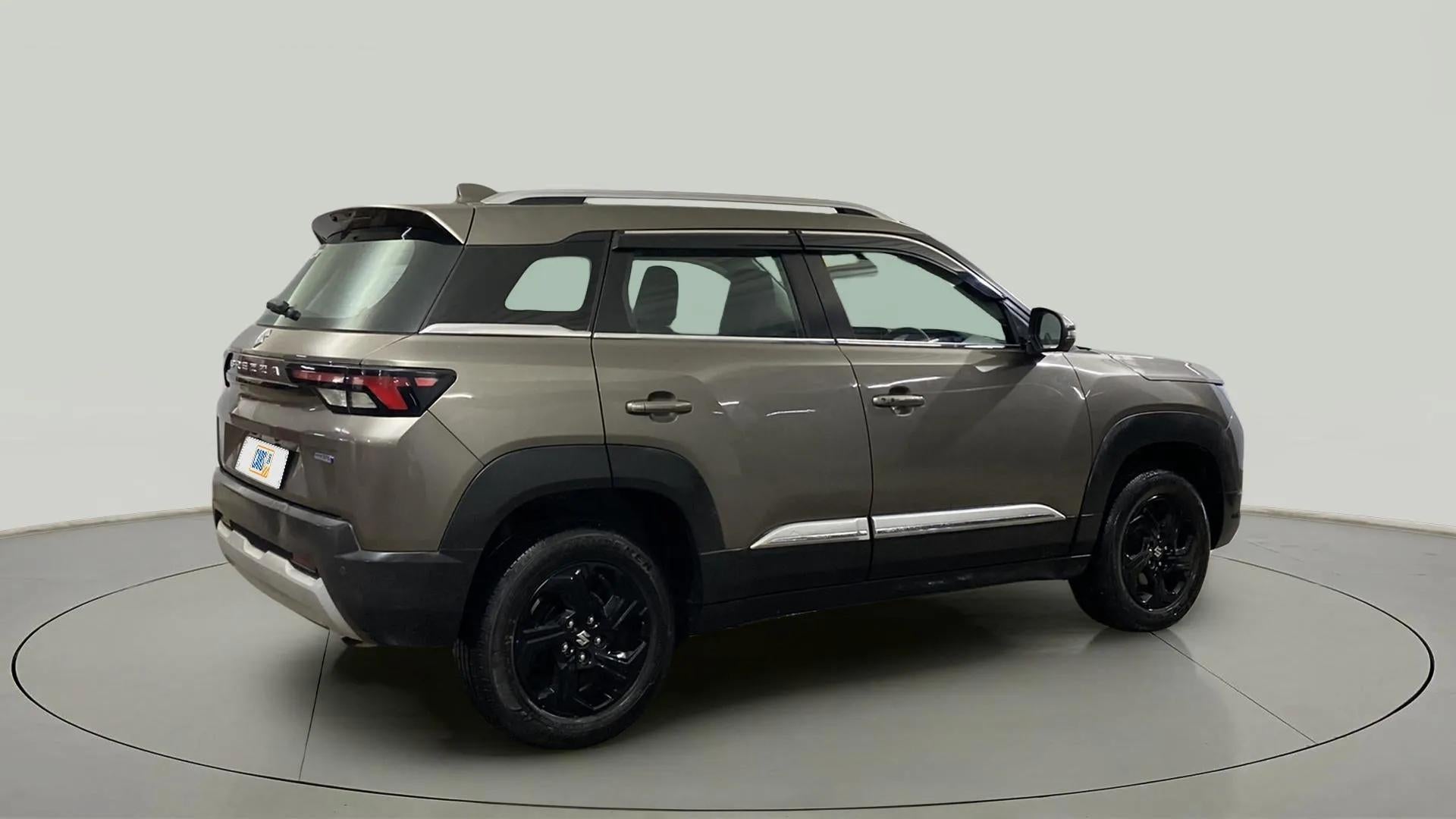 Rear three-quarter view of a Maruti Suzuki Brezza