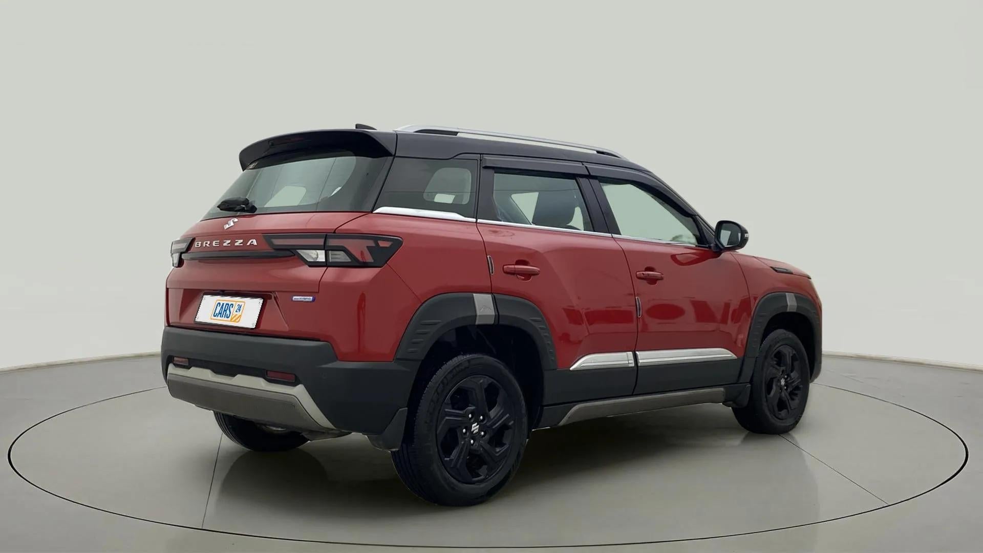 Rear three-quarter of a Maruti Suzuki Brezza