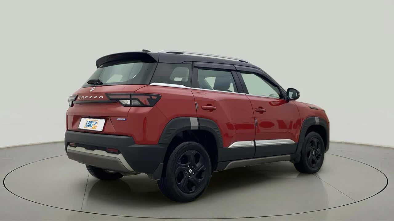 Rear three-quarter of a Maruti Suzuki Brezza