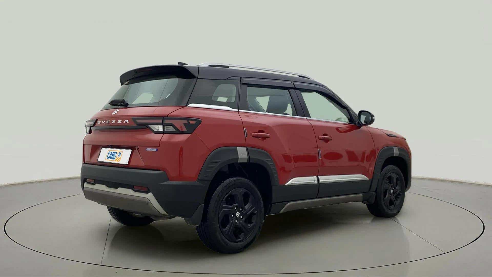 Rear three-quarter of a Maruti Suzuki Brezza