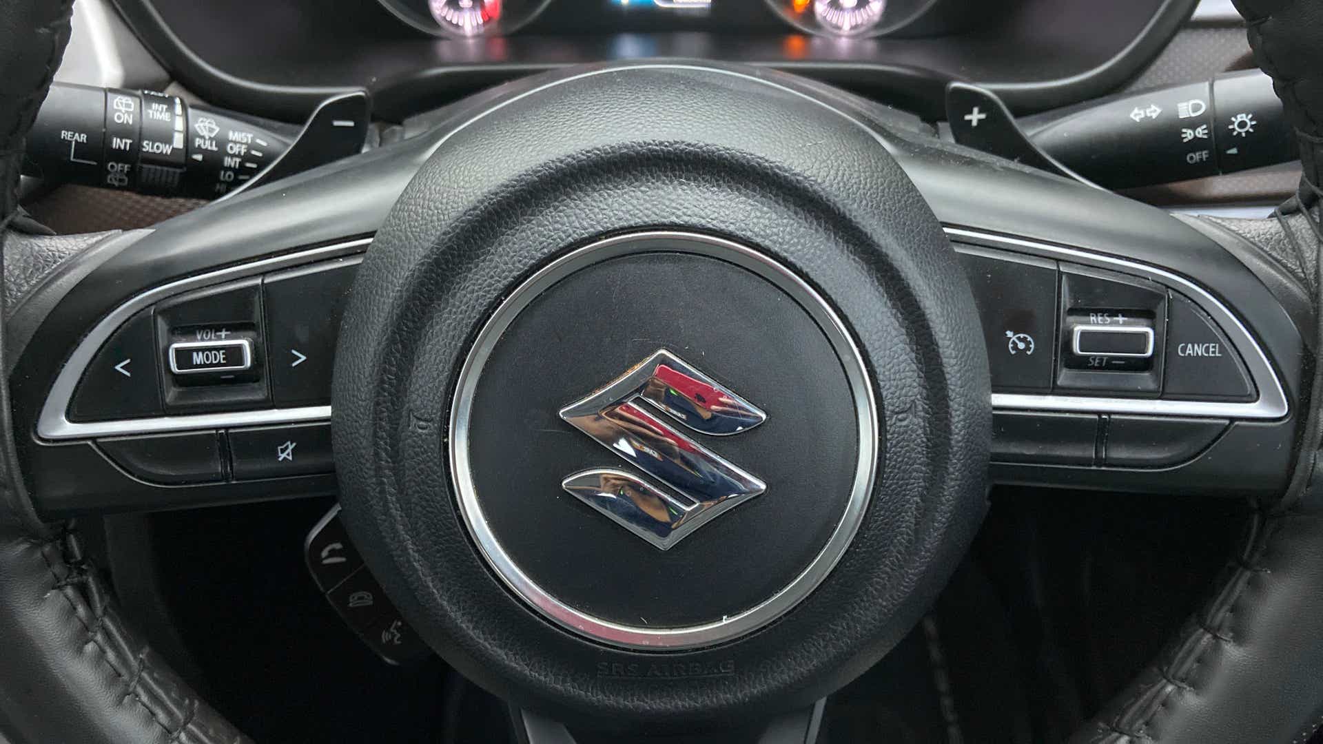 Steering wheel of a Maruti Suzuki Brezza