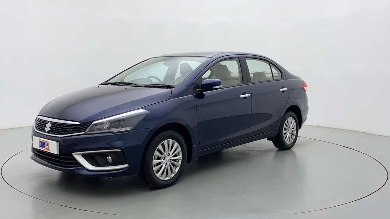 Front three-quarter view of a Nexa Blue Maruti Suzuki Ciaz