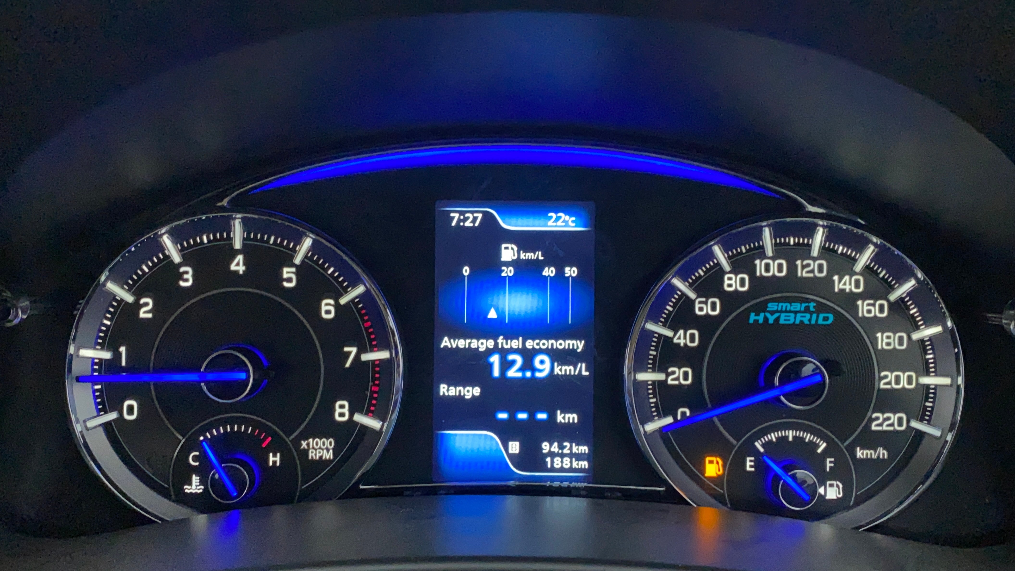 Instrument cluster of a Maruti Suzuki Ciaz smart hybrid