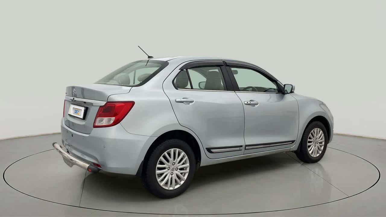 Rear three-quarter view of a Maruti Suzuki Dzire