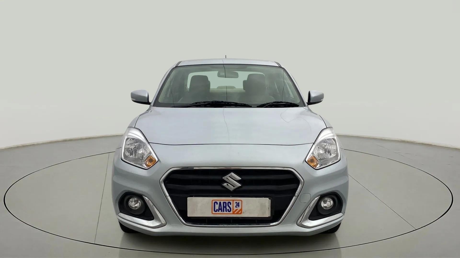 Front view of a splendid silver Maruti Suzuki Dzire