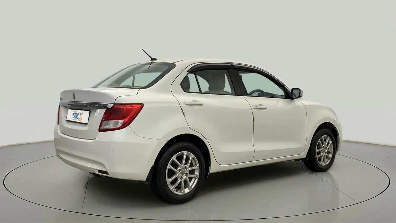 Rear three-quarter view of a Maruti Suzuki Dzire