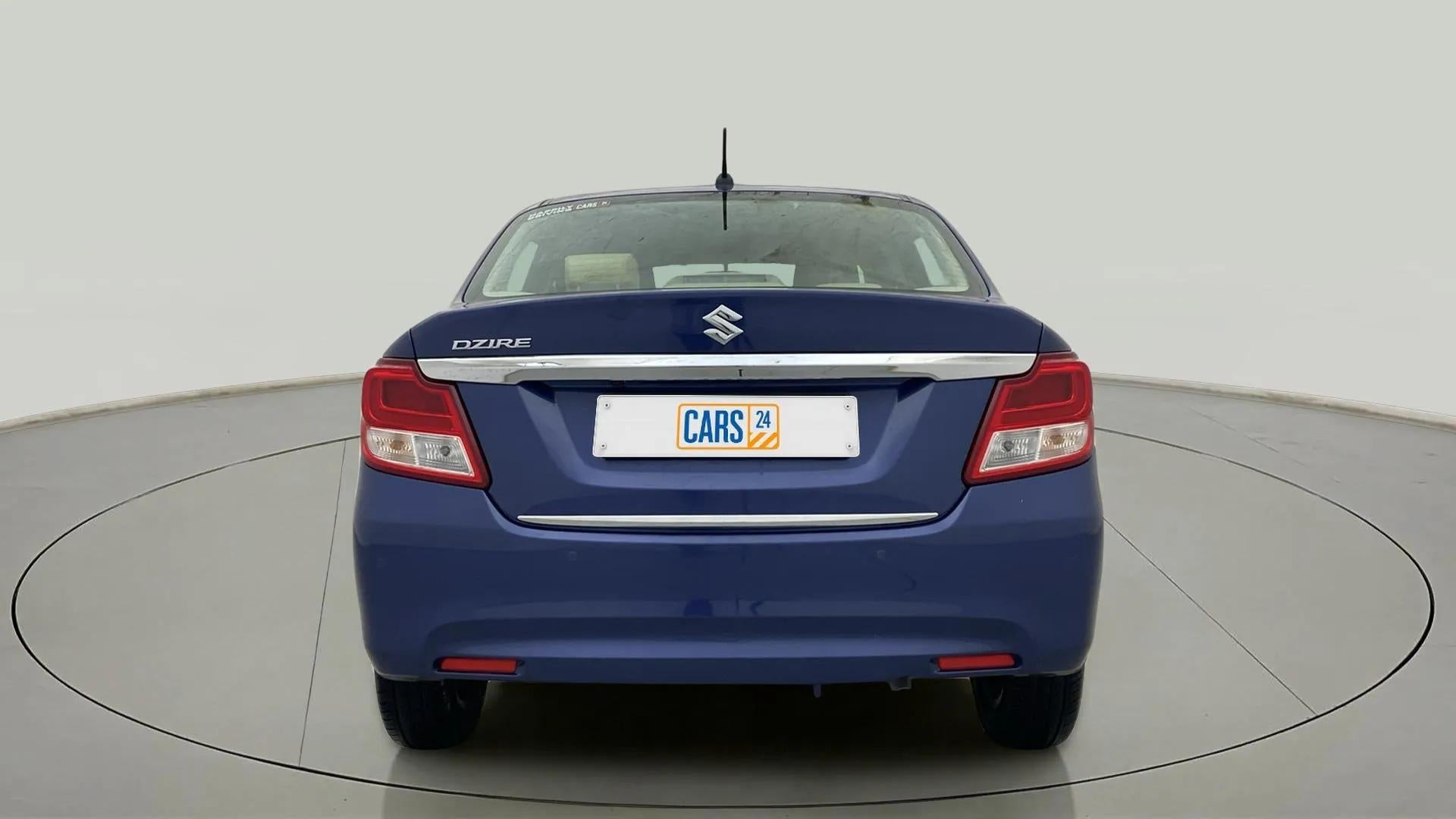Rear view of a Alluring Blue Maruti Suzuki Dzire