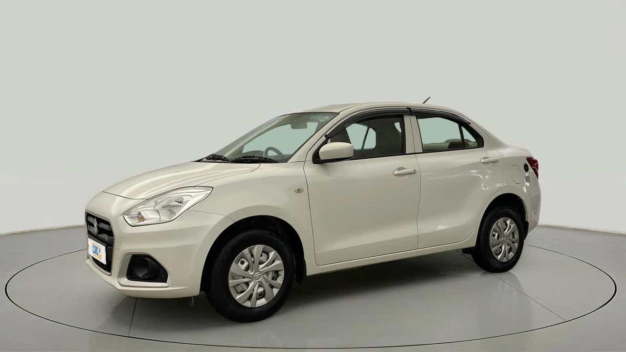 Front side view of a Pearl Arctic White Maruti Suzuki Dzire