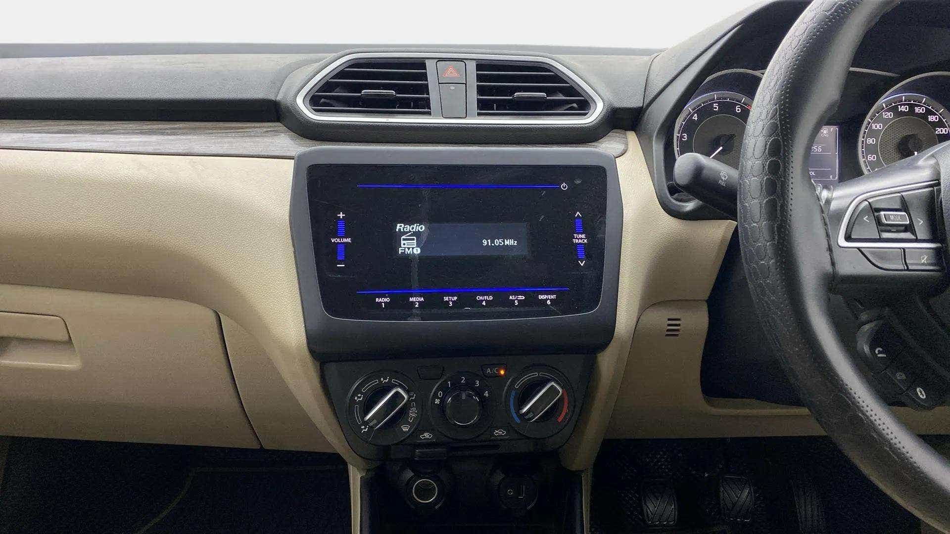 Dashboard and infotainment system of a Maruti Suzuki Dzire 2018-2023